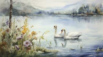 AI generated Watercolor painting of surrounding the lake with a pair of white geese photo