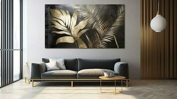 AI generated Abstract textured drawing tropical palm leaves and flower in vintage shaded gold and black oil painting on wall photo