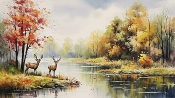 AI generated Watercolor painting forest in autumn with trees and wildflowers with deer in the lake a landscape for the interior art drawing photo