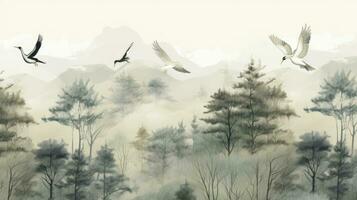 AI generated Wallpaper of a forest pattern of trees with cranes in a landscape and flying birds in light colors photo