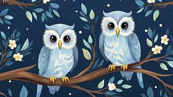 AI generated Cute owl on branch seamless pattern can use for fabric textile or for printing photo