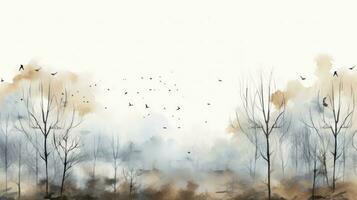AI generated Watercolor drawing forest pattern landscape of dry trees in autumn with birds and fog background photo