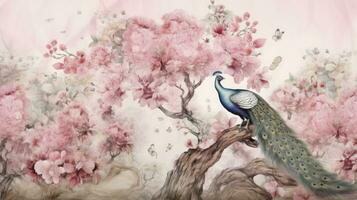 AI generated Watercolor pattern wallpaper with white peacock birds and trees plants and birds in a vintage style landscape pink background photo