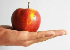 a person holding an apple in their hand photo