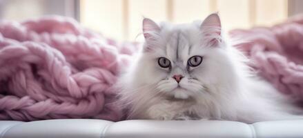 ai generado blanco mullido gato en dormitorio redecilla foto