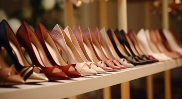 AI generated women high heel shoes are lined up in row and hung on rack photo