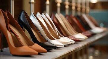 AI generated women high heel shoes are lined up in row and hung on rack photo