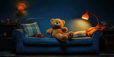 ai generado un oso es sentado en un azul sofá en un habitación foto