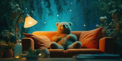 ai generado un oso es sentado en un azul sofá en un habitación foto