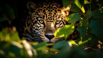 AI generated A beautiful and elusive jaguar peers out from behind a tree photo