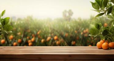 AI generated wooden table in an orange orchard photo