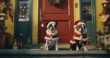 AI generated two chihuahua dogs in santa hats sitting on front door photo