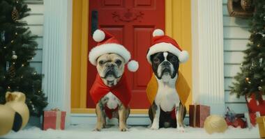 AI generated two chihuahua dogs in santa hats sitting on front door photo