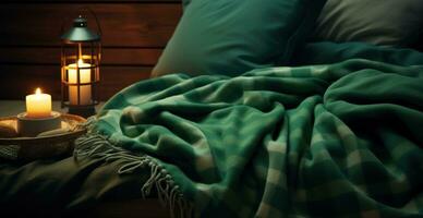 ai generado el utilizar de suave mantas es más importante para un romántico noche en tu cama foto