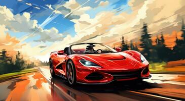 AI generated the red sport car roadster is driving along the road photo