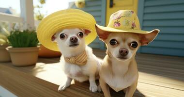 ai generado dos chihuahua animales son vistiendo sombreros en el frente porche foto