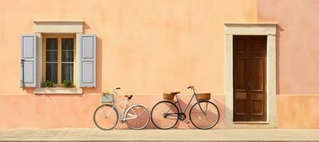 AI generated two bicycles leaning up against an orange house photo