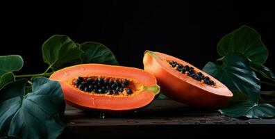 ai generado dos papaya son mostrado en un negro mesa foto