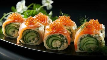 AI generated appetizers with smoked salmon, cucumber and fresh onion photo