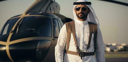 AI generated the man, wearing an uae uniform, looks at the helicopter photo