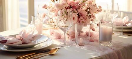AI generated table settings with flowers in flower vase by a couple photo