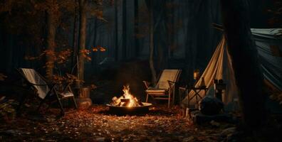 AI generated the campfire in the woods with tent around it and a chair, photo