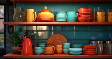 AI generated the colorful kitchenware sits on a shelf with colorful dishes photo