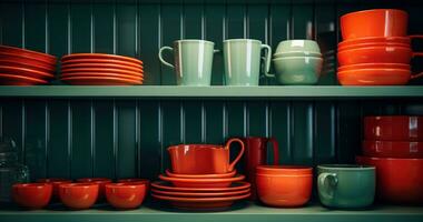 AI generated the colorful kitchenware sits on a shelf with colorful dishes photo