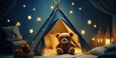 AI generated teddy bear and tent interior concept photo