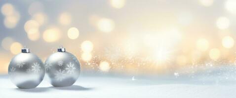 AI generated silver christmas balls on an ice white background in winter scene photo