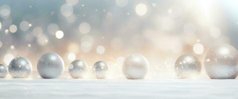 AI generated silver christmas balls on an ice white background in winter scene photo