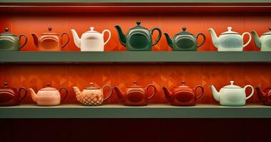 AI generated several tea pots and cups on a counter with tiled shelves photo