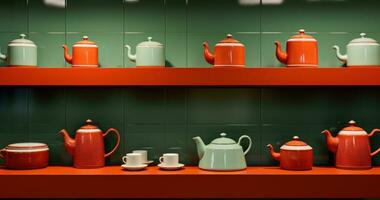 AI generated several tea pots and cups on a counter with tiled shelves photo