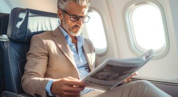 ai generado persona vistiendo lentes se sienta en el avión leyendo un periódico foto