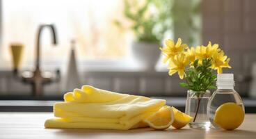 AI generated person is holding yellow gloves while cleaning the kitchen countertop photo