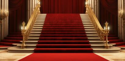 AI generated red carpet and gold ropes at a golden staircase photo