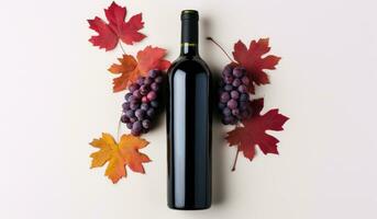 ai generado rojo vino botella con otoño hojas en un blanco antecedentes foto