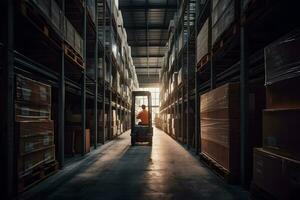 AI generated Warehouse man worker with forklift. Neural network AI generated photo
