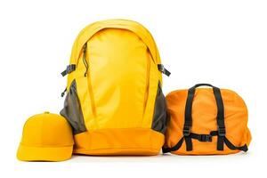 AI generated Travel set isolated on white background. Hat, backpack and boots. Neural network AI generated photo