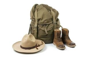 AI generated Travel set isolated on white background. Hat, backpack and boots. Neural network AI generated photo