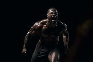 AI generated bodybuilder athlete screaming on black background. Neural network AI generated photo