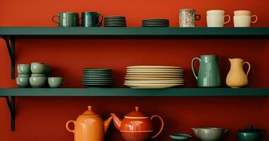 AI generated kitchen shelf with bright colors photo