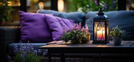 AI generated lantern with a candle on a sofa in a garden photo