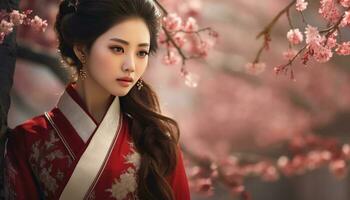 AI generated woman of chinese heritage in a traditional outfit walking through blossoming trees photo