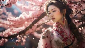 AI generated woman of chinese heritage in a traditional outfit walking through blossoming trees photo