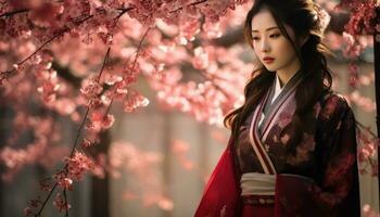 AI generated woman of chinese heritage in a traditional outfit walking through blossoming trees photo