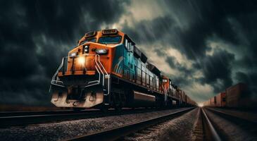 ai generado carga carga tren de viaje en tren pistas en oscuro cielo foto