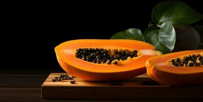 AI generated papaya cut in half on a wooden wooden board with leaves photo