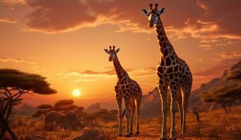 AI generated pair of giraffe outdoors in african savannah photo