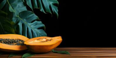 AI generated papaya cut in half on a wooden wooden board with leaves photo